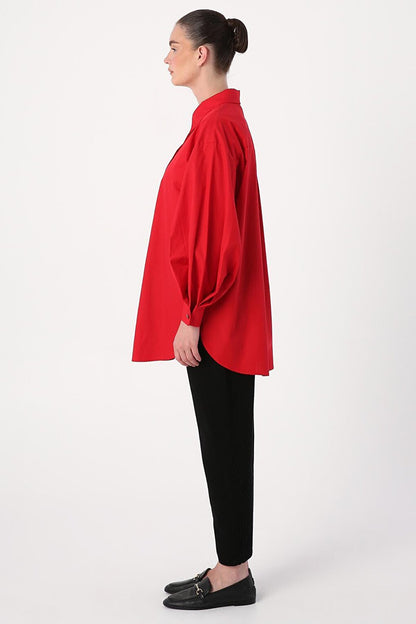 Red Oversize Sleeve Pleat Detailed Shirt Tunic