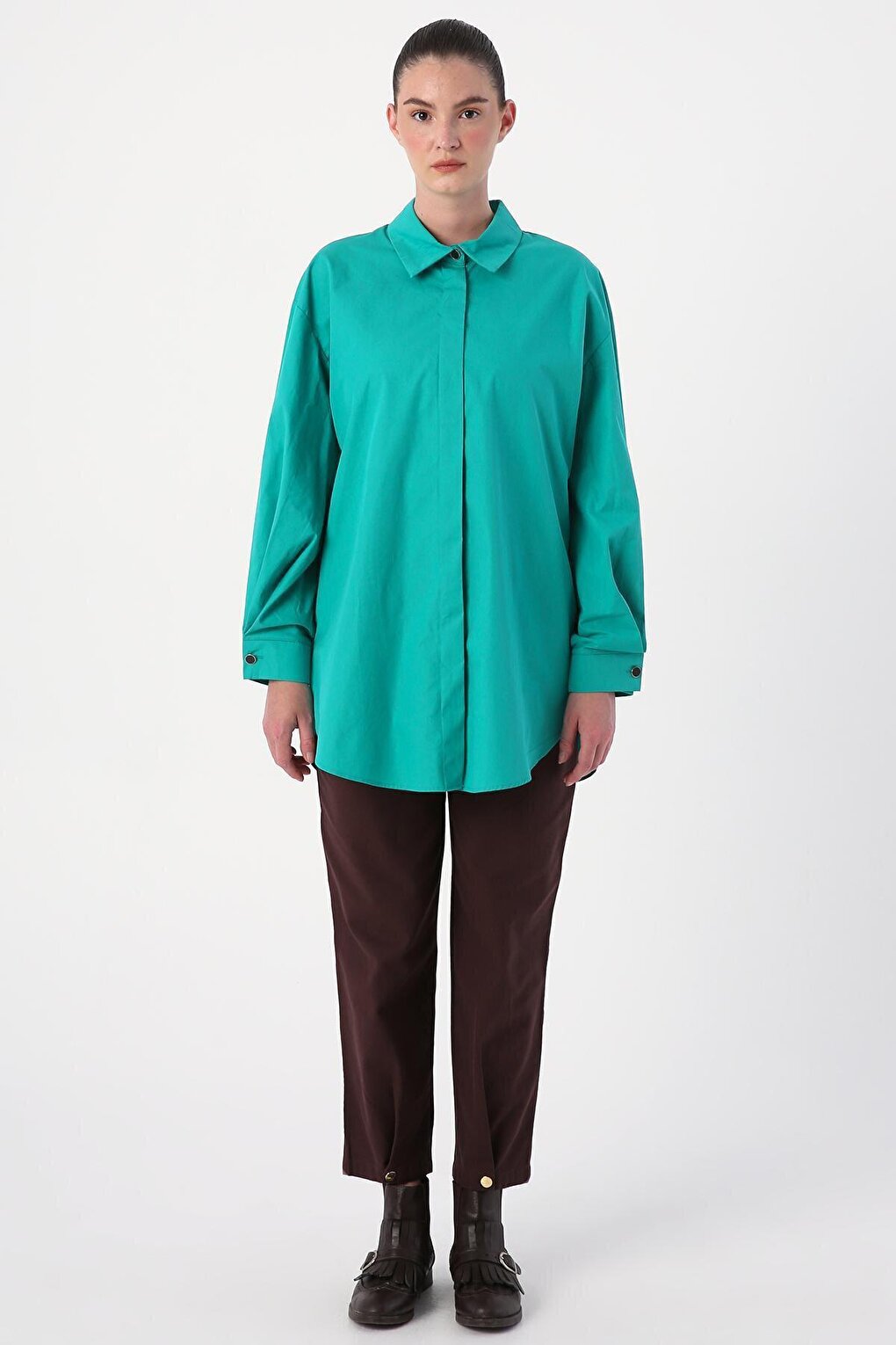 Green Oversize Sleeve Pleat Detailed Shirt Tunic