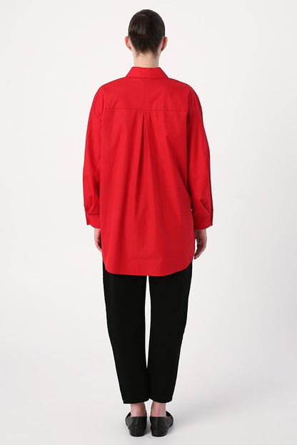 Red Oversize Sleeve Pleat Detailed Shirt Tunic