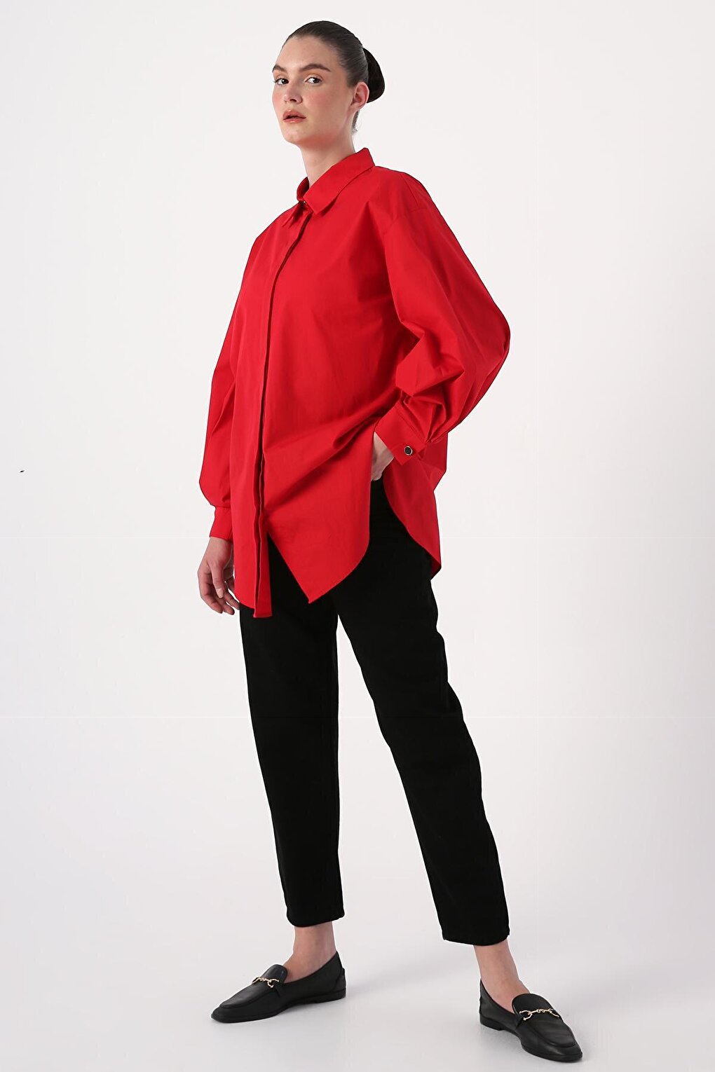 Red Oversize Sleeve Pleat Detailed Shirt Tunic