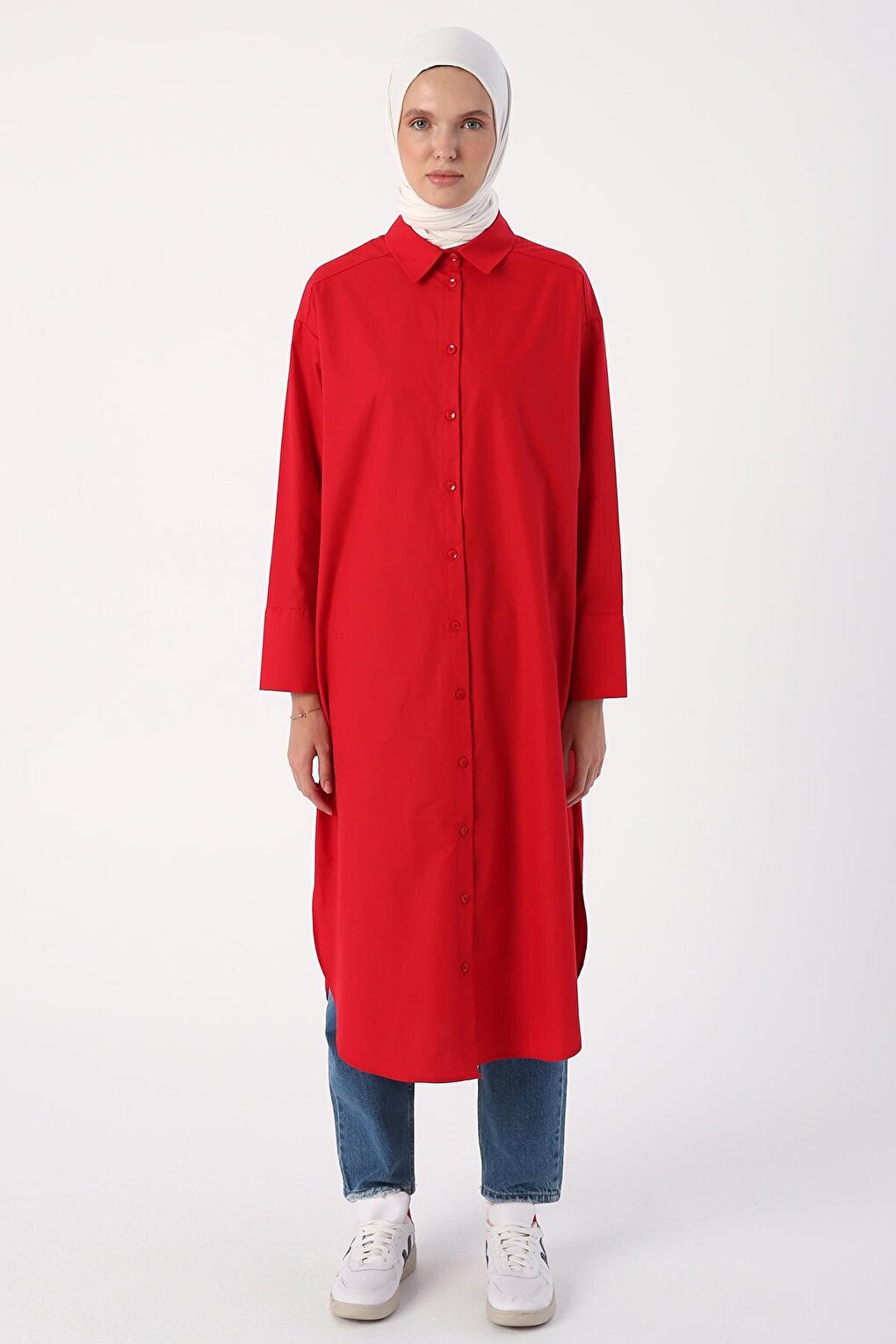 Red 100% Cotton Slit Long Shirt Tunic