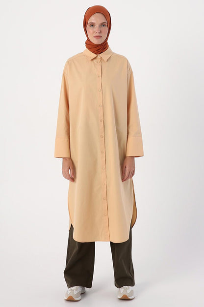 Beige 100% Cotton Slit Long Shirt Tunic