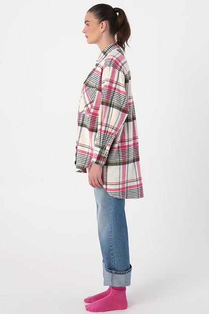 Pink-Grey Comfortable Fit Lumberjack Shirt Tunic