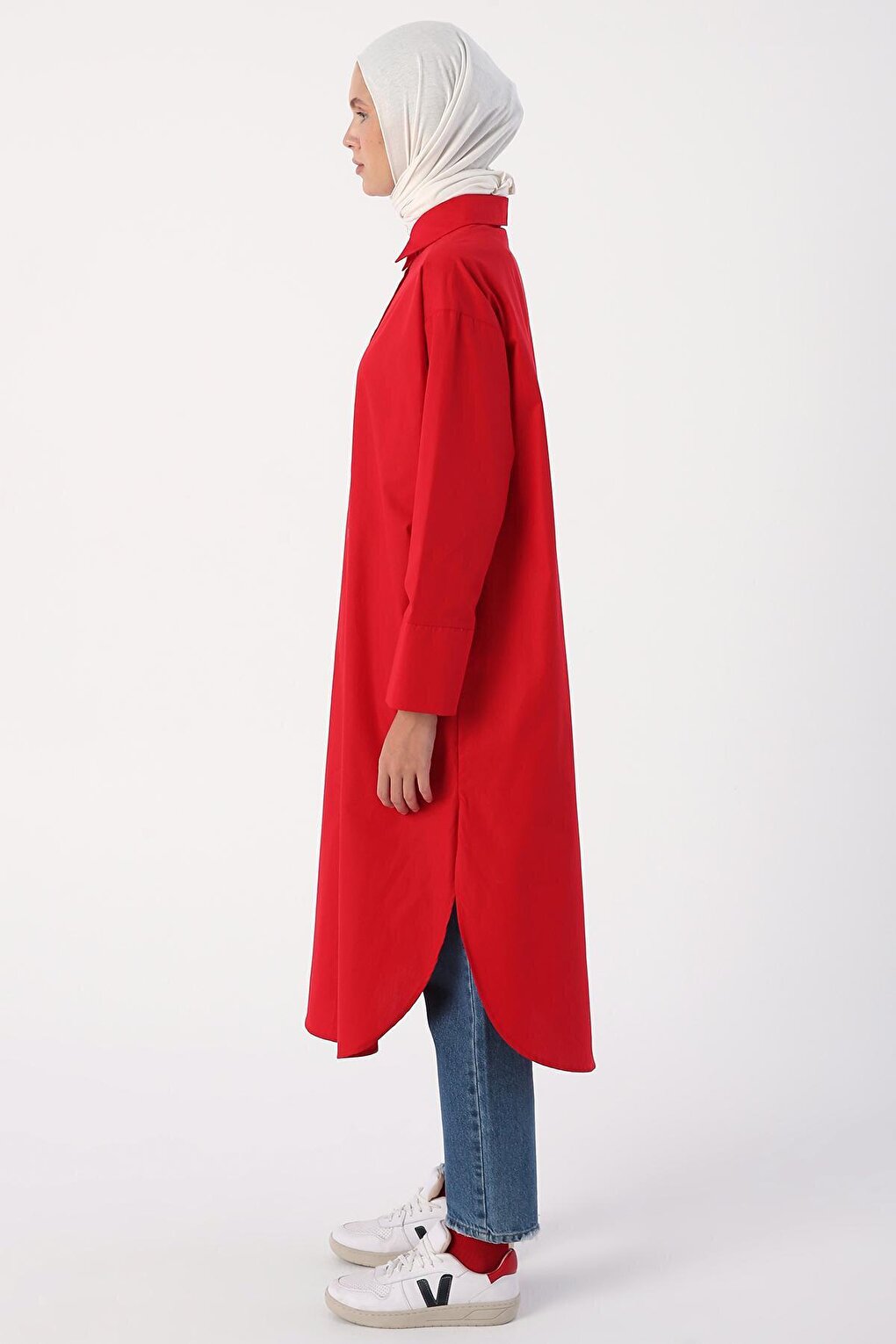 Red 100% Cotton Slit Long Shirt Tunic