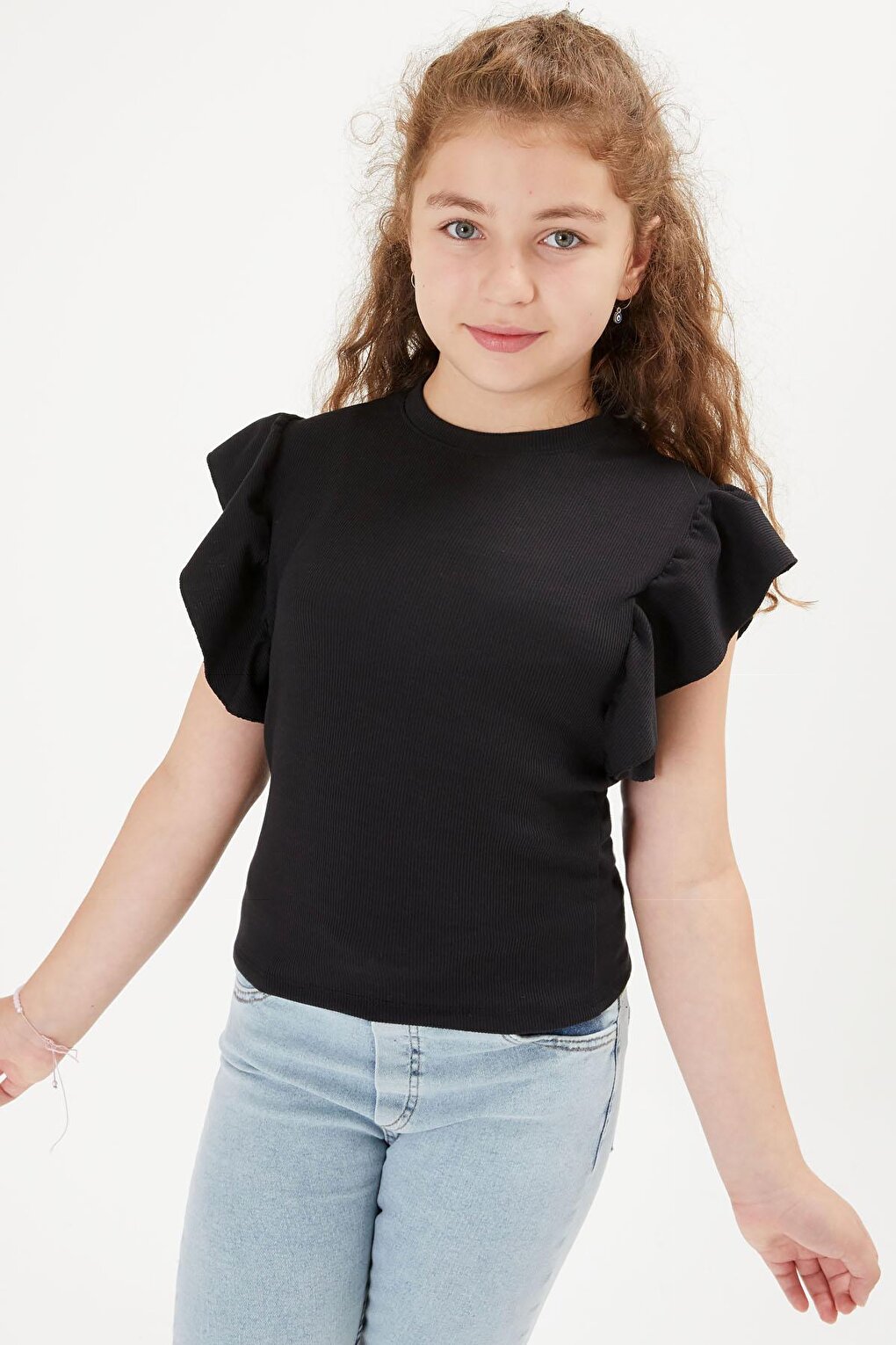 Black Flywheel Detailed Girl's T-Shirt 16106