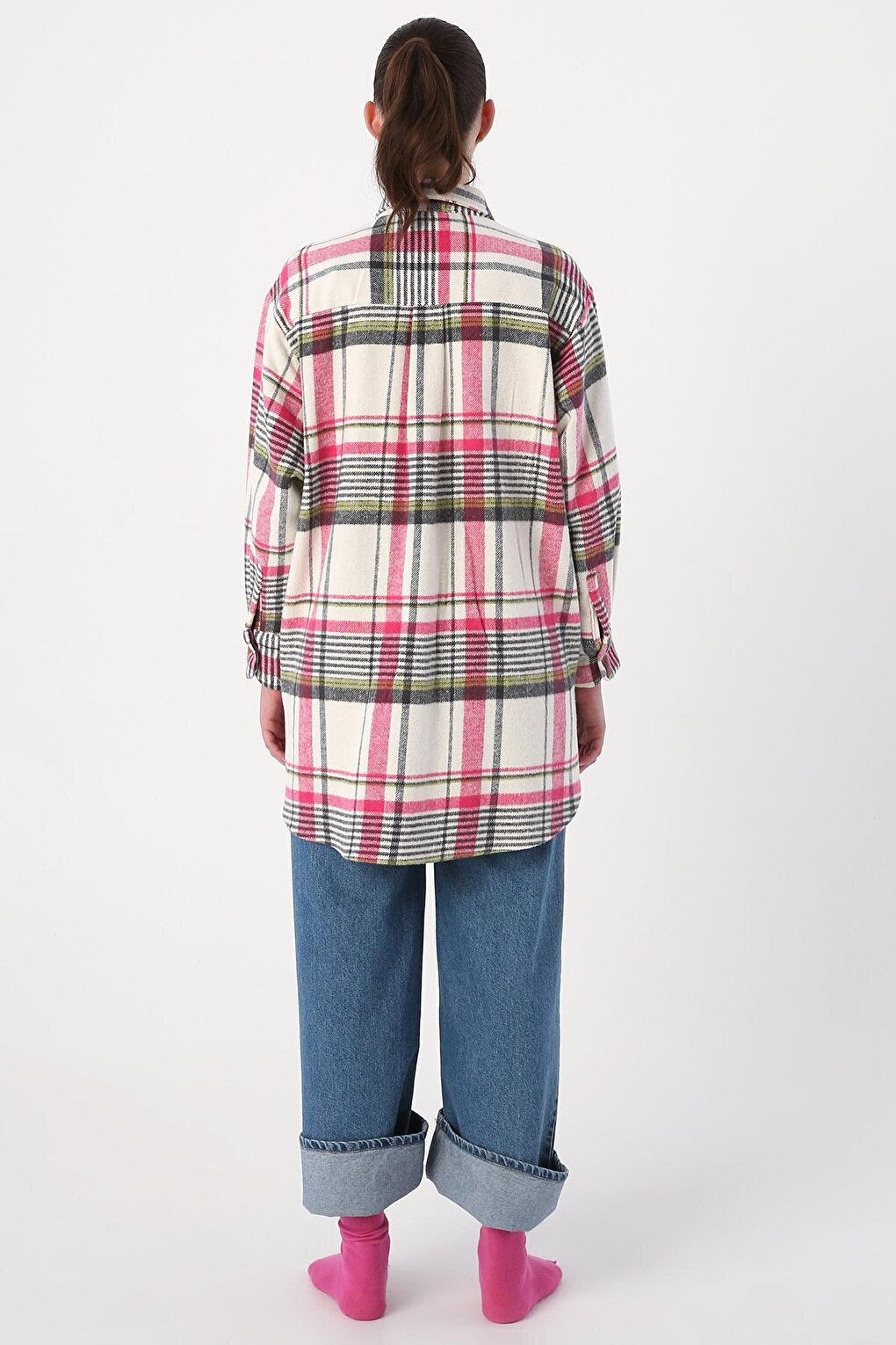 Pink-Grey Comfortable Fit Lumberjack Shirt Tunic