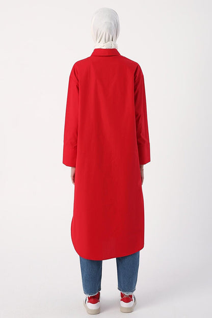 Red 100% Cotton Slit Long Shirt Tunic