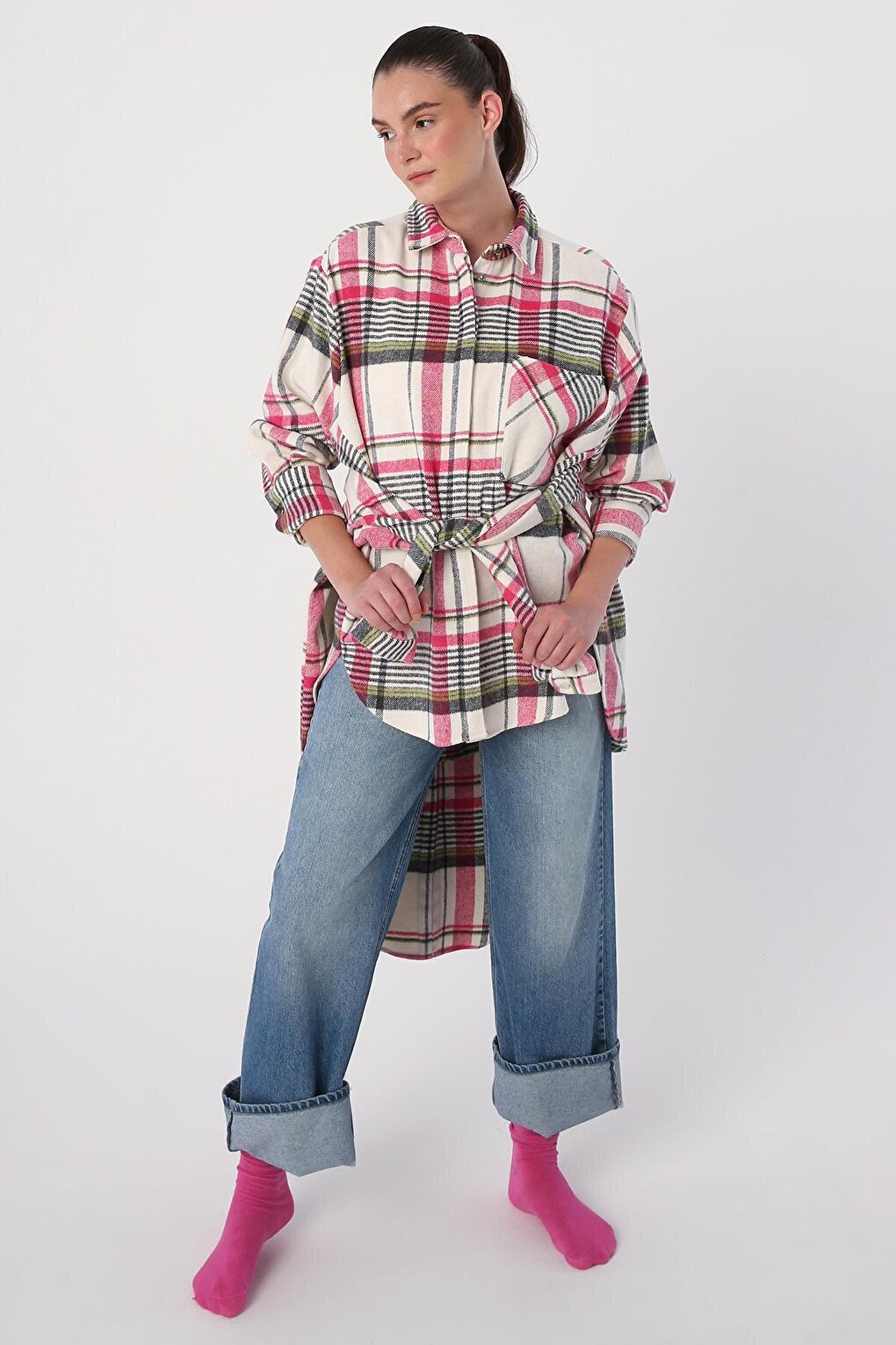 Pink-Grey Comfortable Fit Lumberjack Shirt Tunic