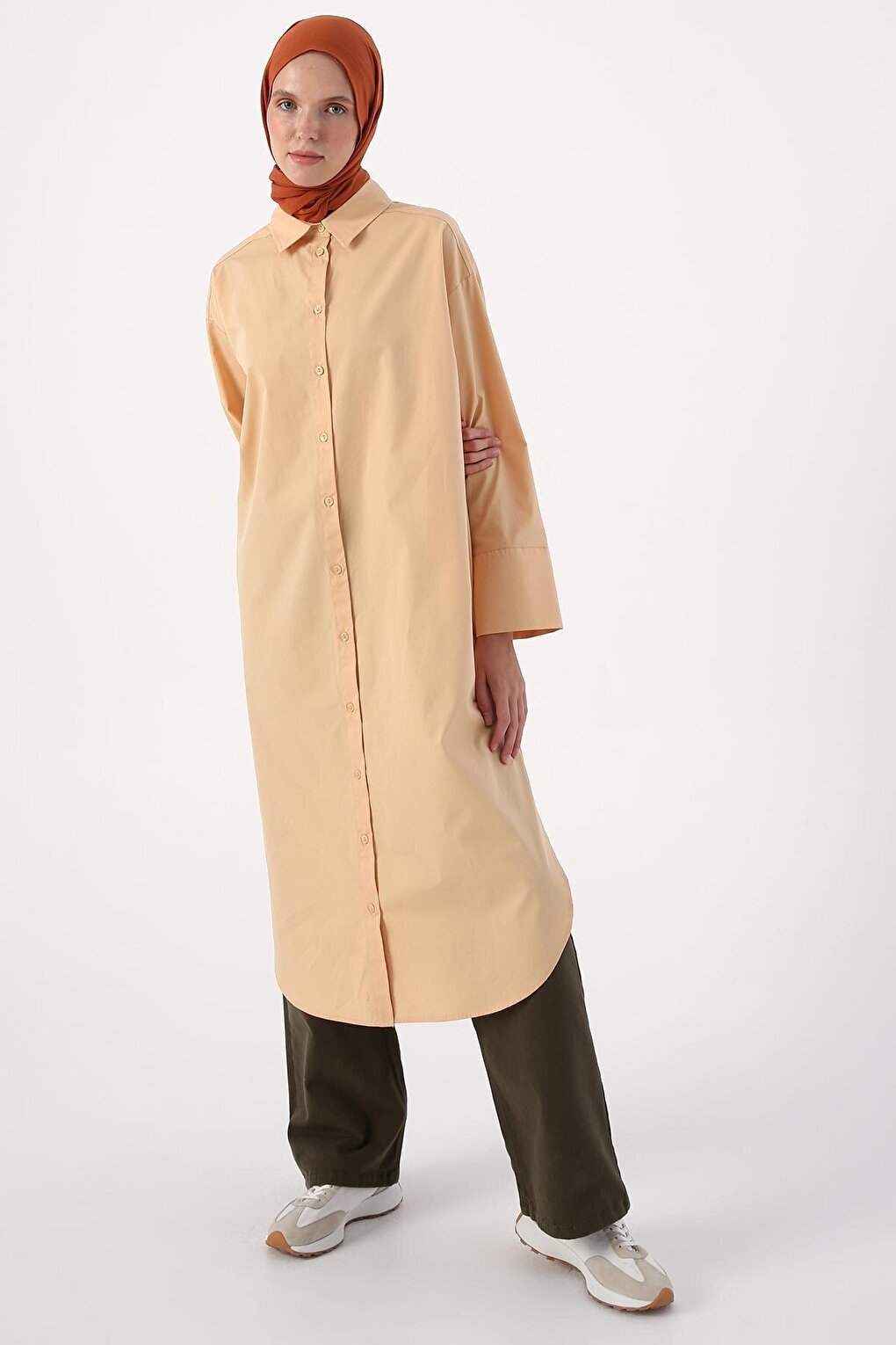 Beige 100% Cotton Slit Long Shirt Tunic