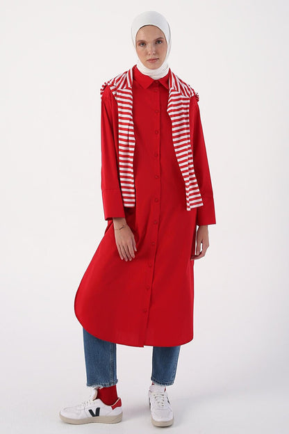 Red 100% Cotton Slit Long Shirt Tunic