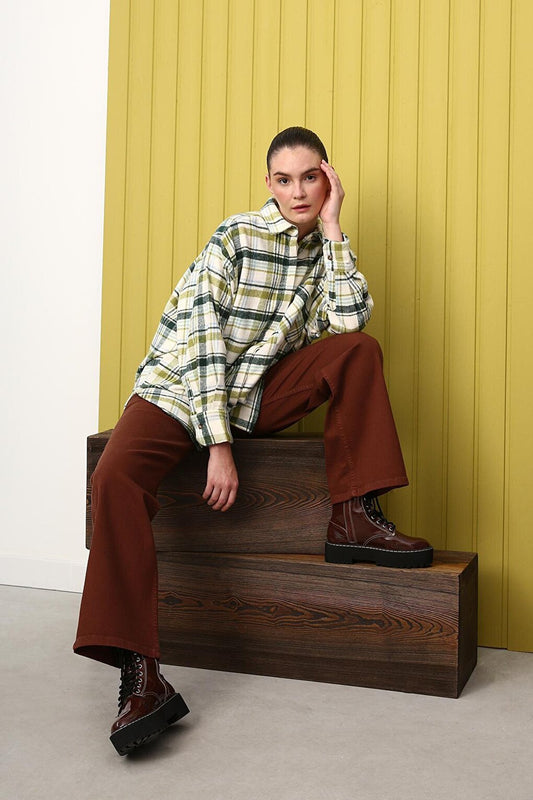 Green-Ecru Comfortable Fit Lumberjack Shirt Tunic