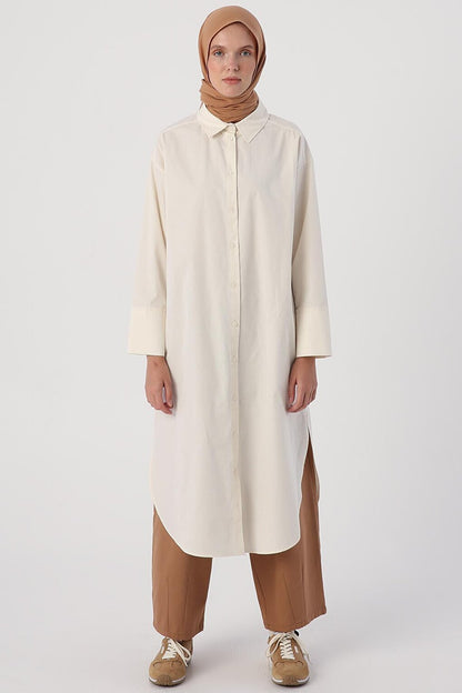 Ecru 100% Cotton Slit Long Shirt Tunic