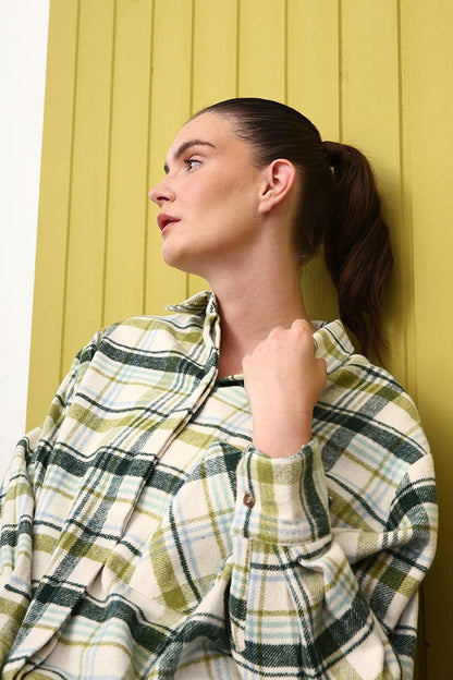 Green-Ecru Comfortable Fit Lumberjack Shirt Tunic