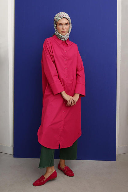 Dark Pink 100% Cotton Slit Long Shirt Tunic