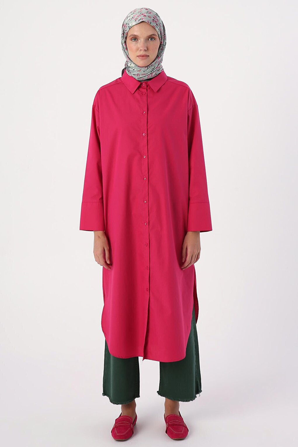 Dark Pink 100% Cotton Slit Long Shirt Tunic