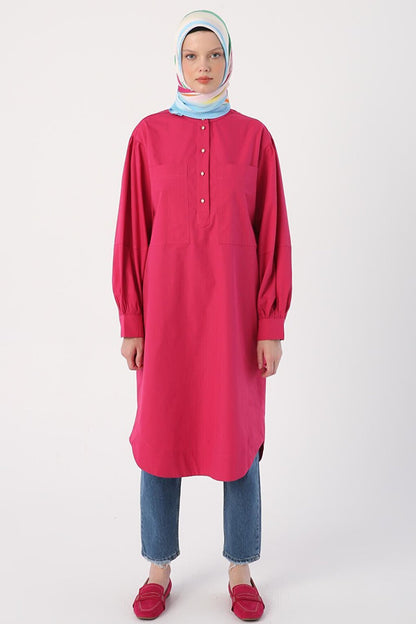 Dark Pink Oversize 100% Cotton Oval Cut Long Tunic with Big Pockets