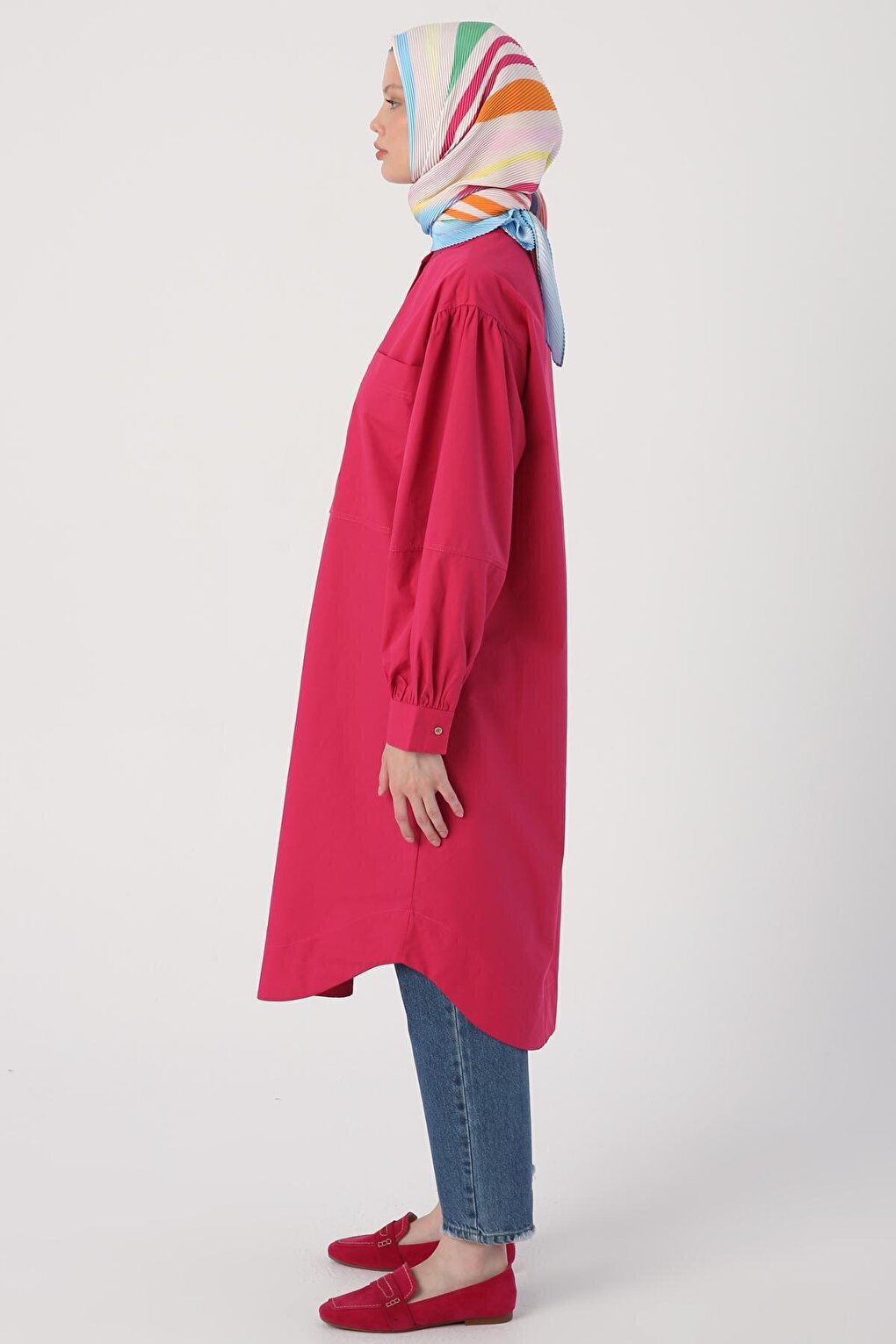 Dark Pink Oversize 100% Cotton Oval Cut Long Tunic with Big Pockets