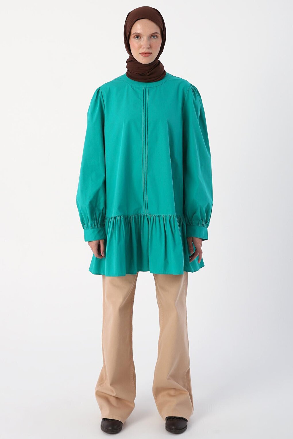 Green01 Ribbed Collarless Cotton Tunic