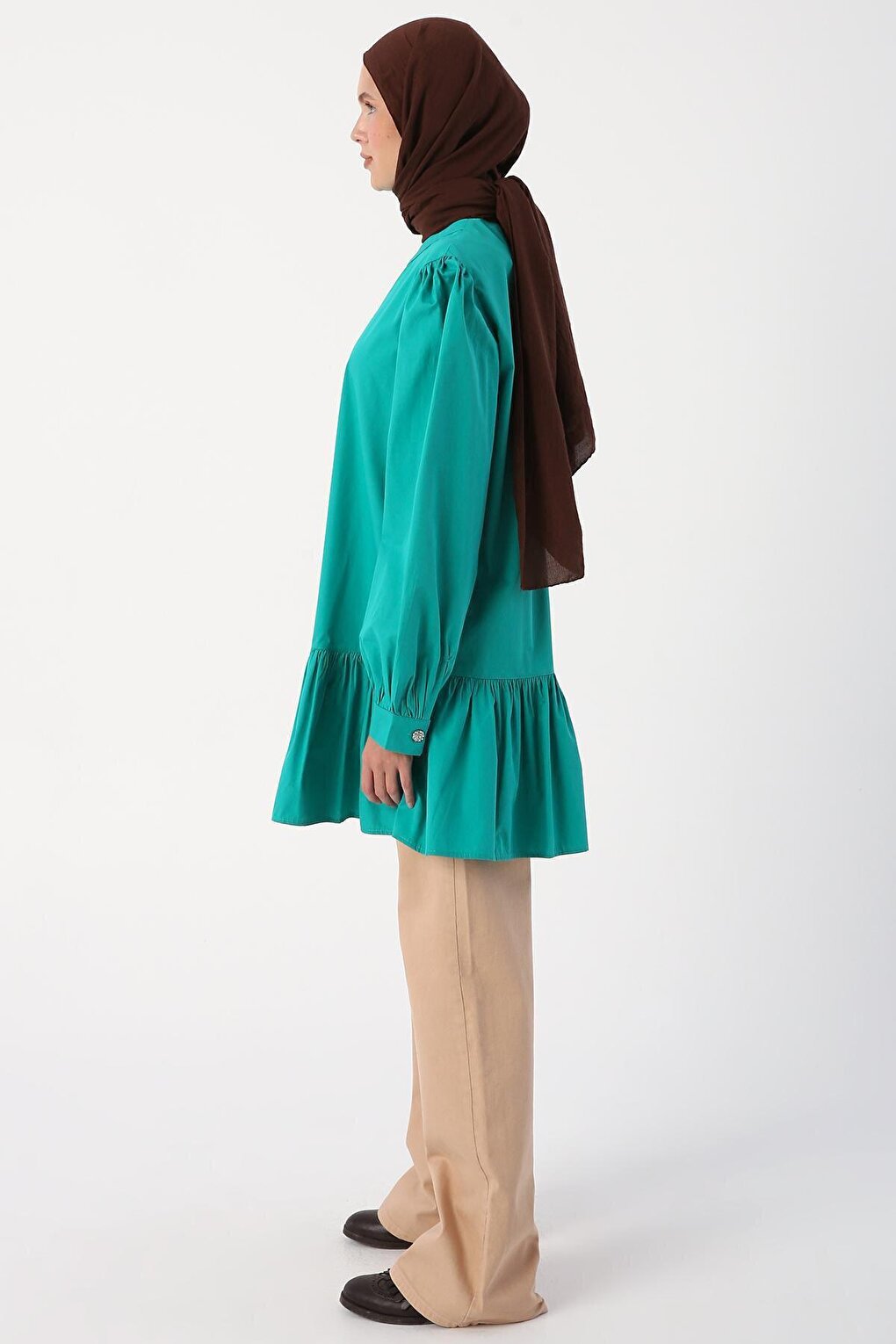 Green01 Ribbed Collarless Cotton Tunic