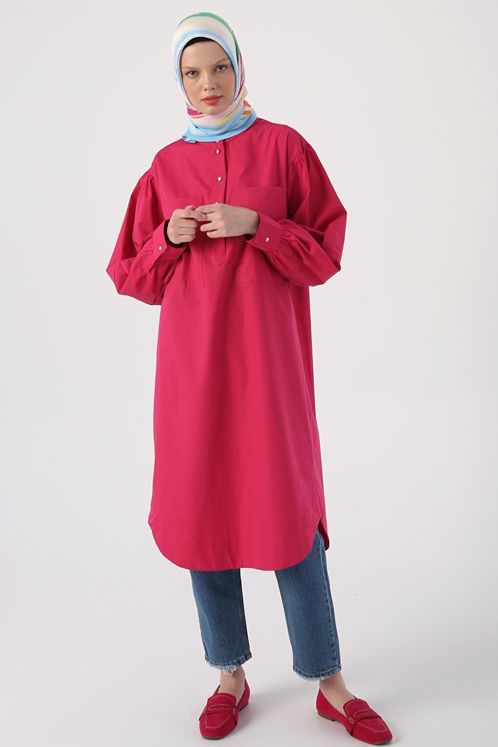 Dark Pink Oversize 100% Cotton Oval Cut Long Tunic with Big Pockets