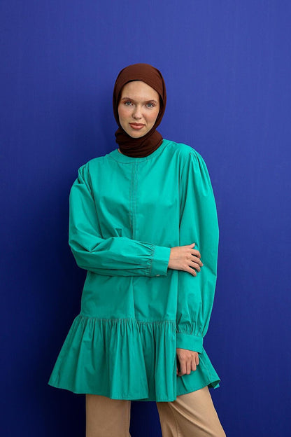 Green01 Ribbed Collarless Cotton Tunic