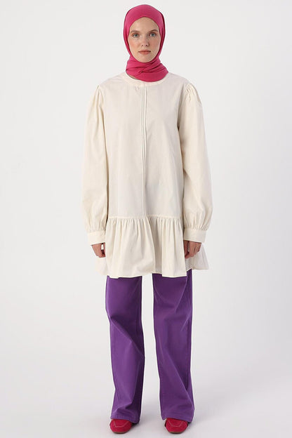 Ecru Ribbed Collarless Cotton Tunic