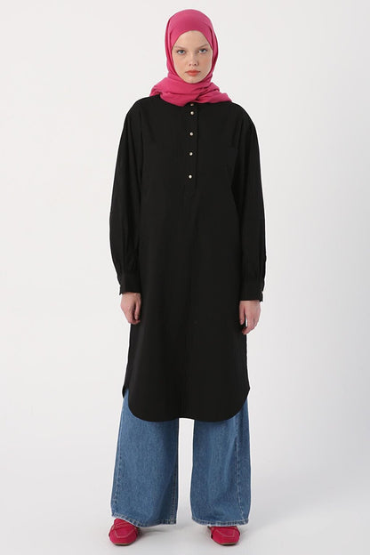 Black Oversize 100% Cotton Oval Cut Long Tunic with Big Pockets