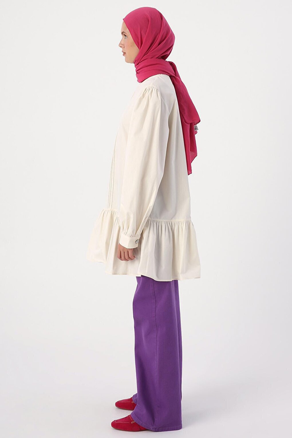 Ecru Ribbed Collarless Cotton Tunic