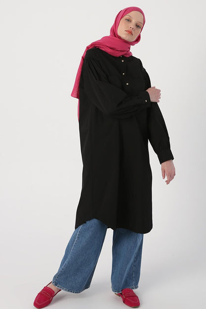 Black Oversize 100% Cotton Oval Cut Long Tunic with Big Pockets