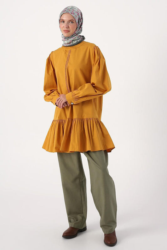 Mustard Ribbed Collarless Cotton Tunic