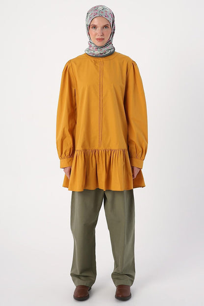 Mustard Ribbed Collarless Cotton Tunic