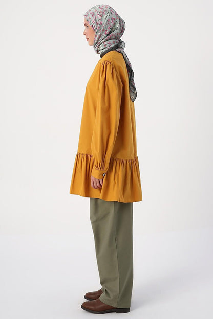 Mustard Ribbed Collarless Cotton Tunic