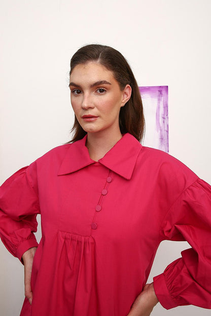 Dark Pink Shirt Collar Oversize Tunic with Gather Detail