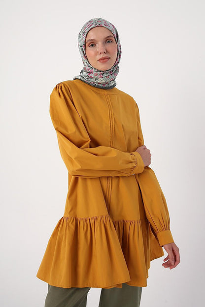 Mustard Ribbed Collarless Cotton Tunic