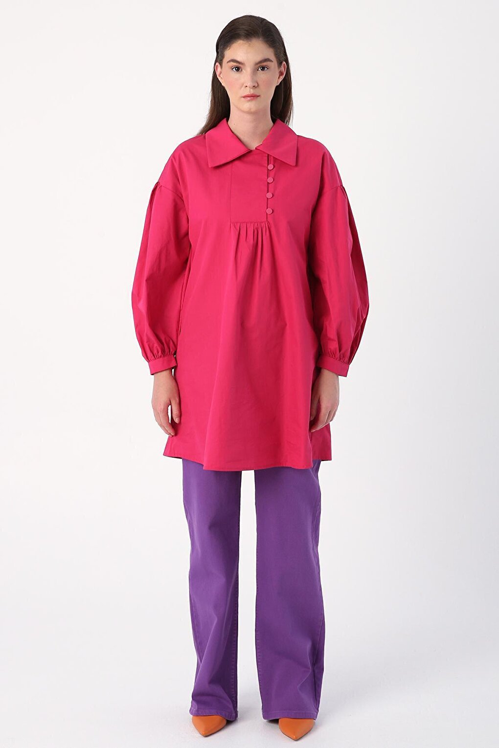 Dark Pink Shirt Collar Oversize Tunic with Gather Detail