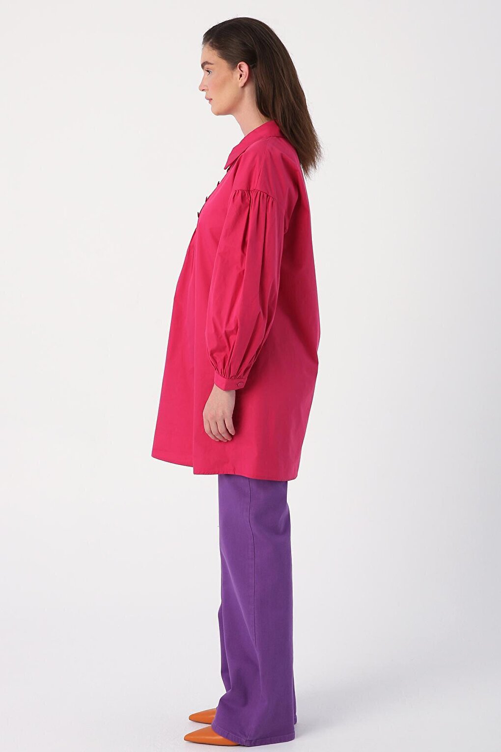 Dark Pink Shirt Collar Oversize Tunic with Gather Detail