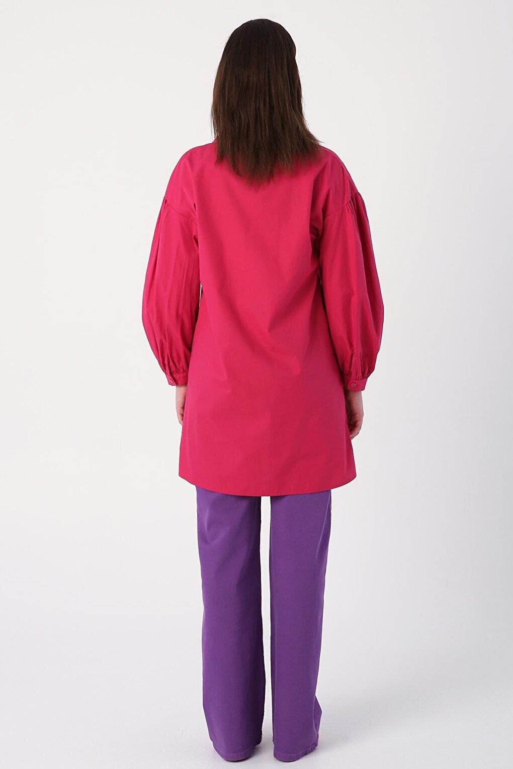 Dark Pink Shirt Collar Oversize Tunic with Gather Detail