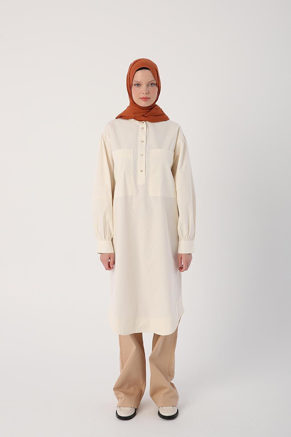 Ecru Oversize 100% Cotton Oval Cut Long Tunic with Big Pockets