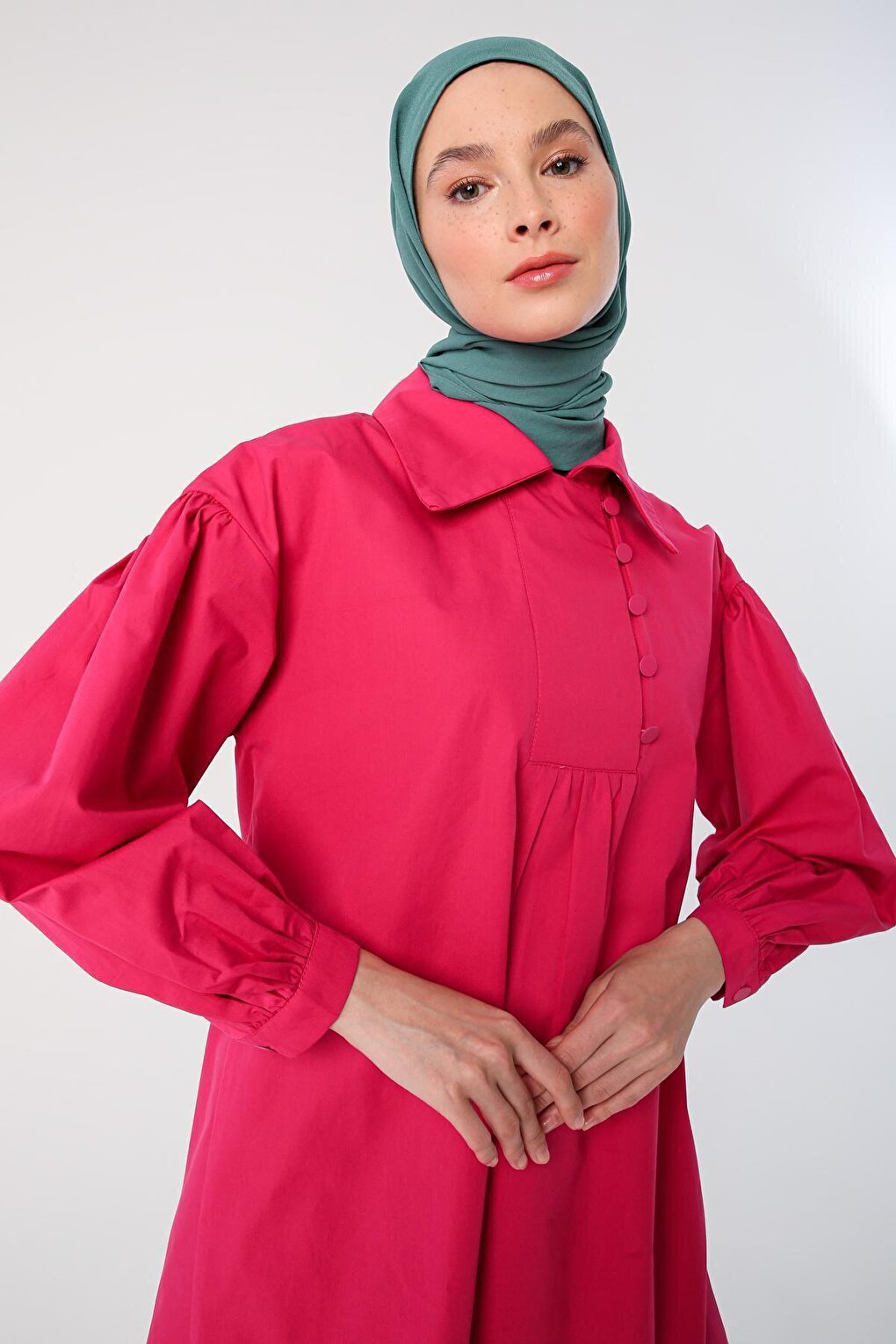 Dark Pink Shirt Collar Oversize Tunic with Gather Detail