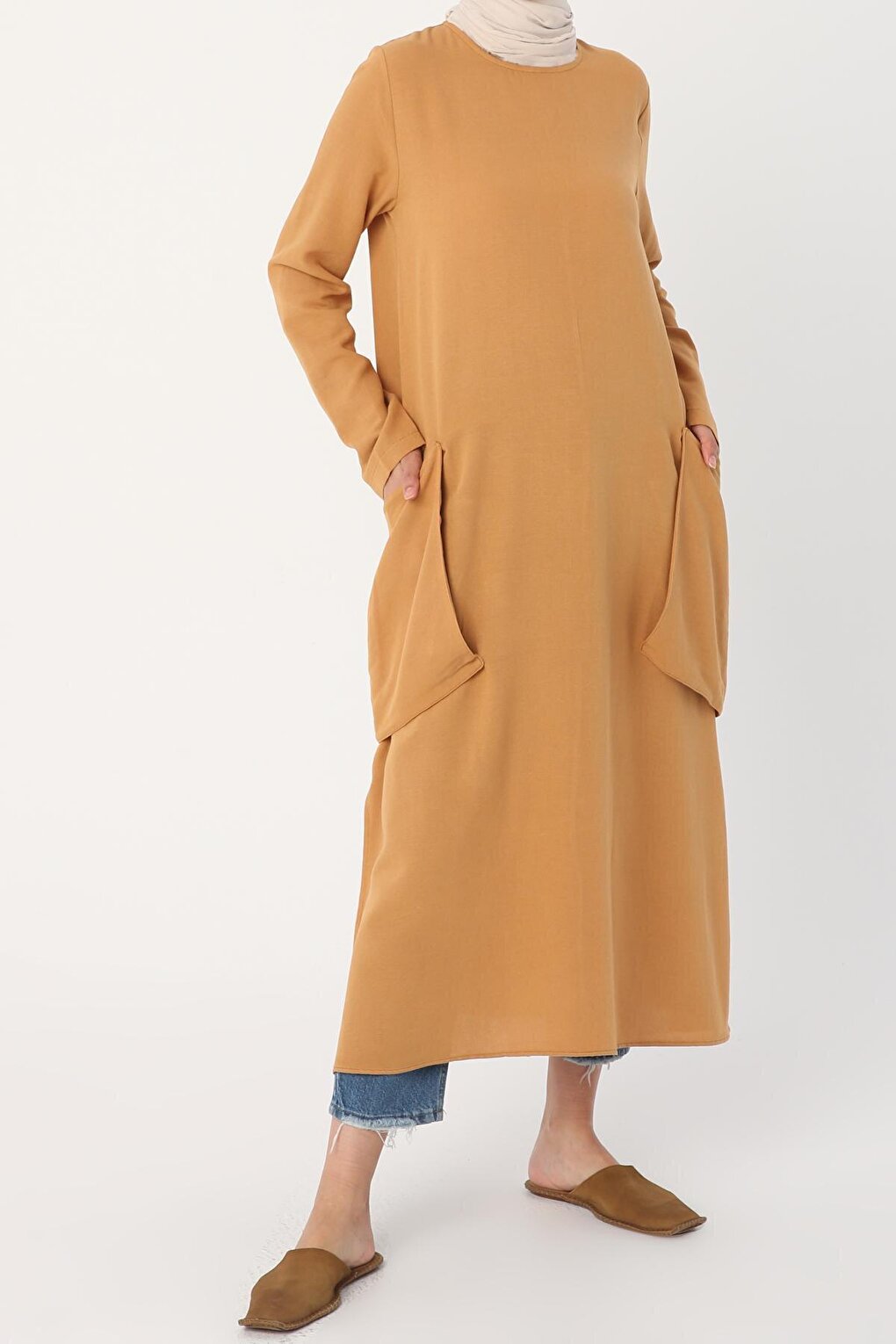 Mustard Casual Linen Tunic with Side Pockets