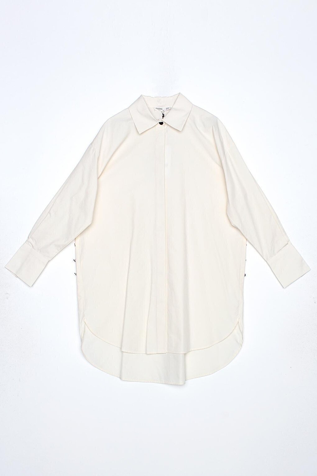 Ecru Detailed Shirt Tunic with Ornamental Patch on the Side