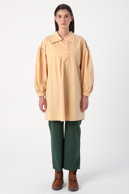 Beige Shirt Collar Oversize Tunic with Gather Detail