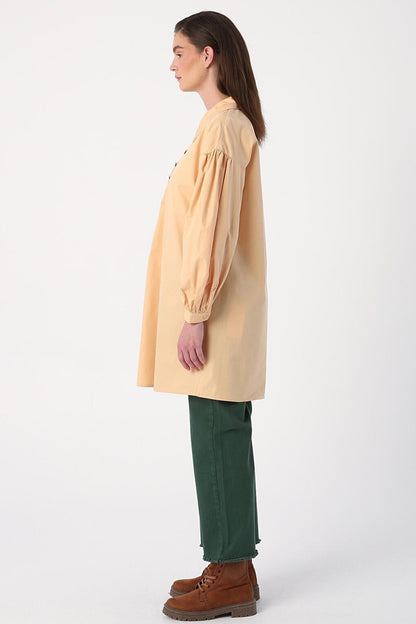 Beige Shirt Collar Oversize Tunic with Gather Detail