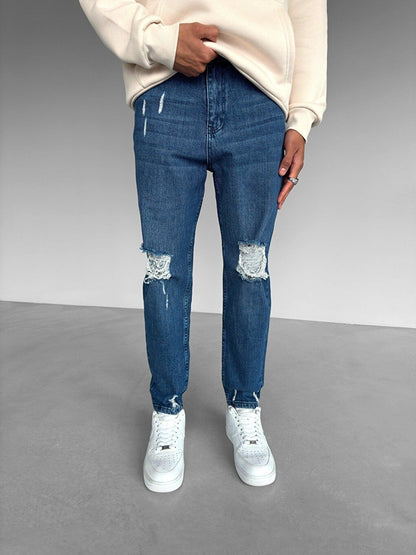 Boyfriend Pattern Ripped Jean Trousers Dark Blue