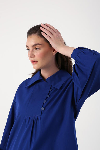 Saks Shirt Collar Oversize Tunic with Gather Detail