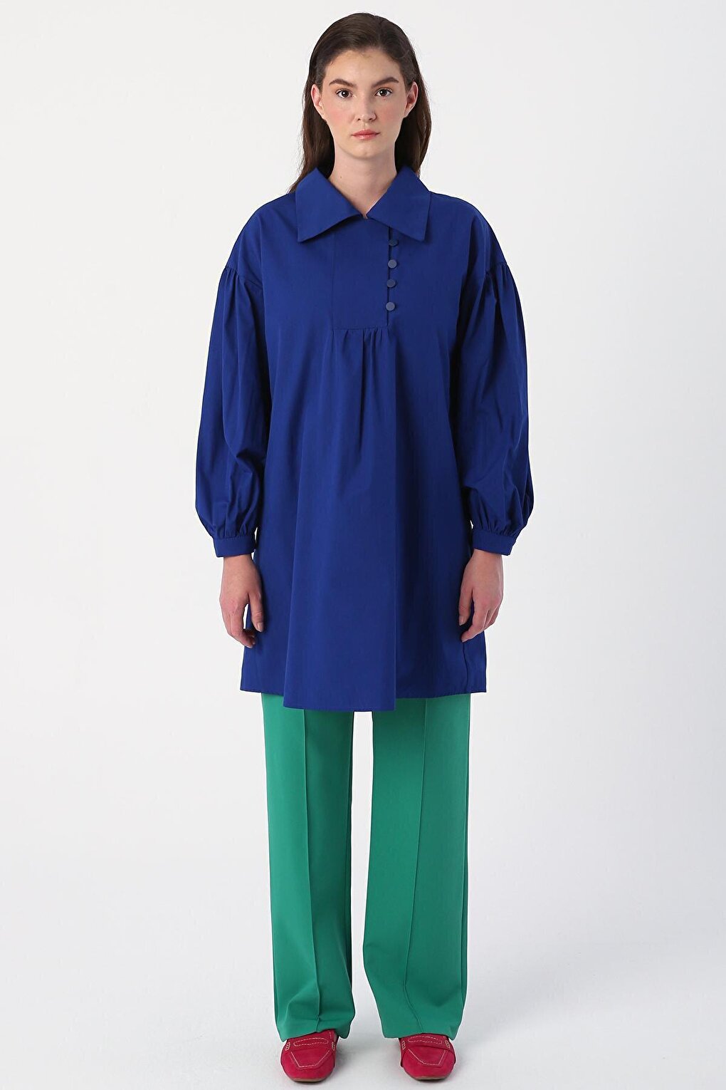 Saks Shirt Collar Oversize Tunic with Gather Detail