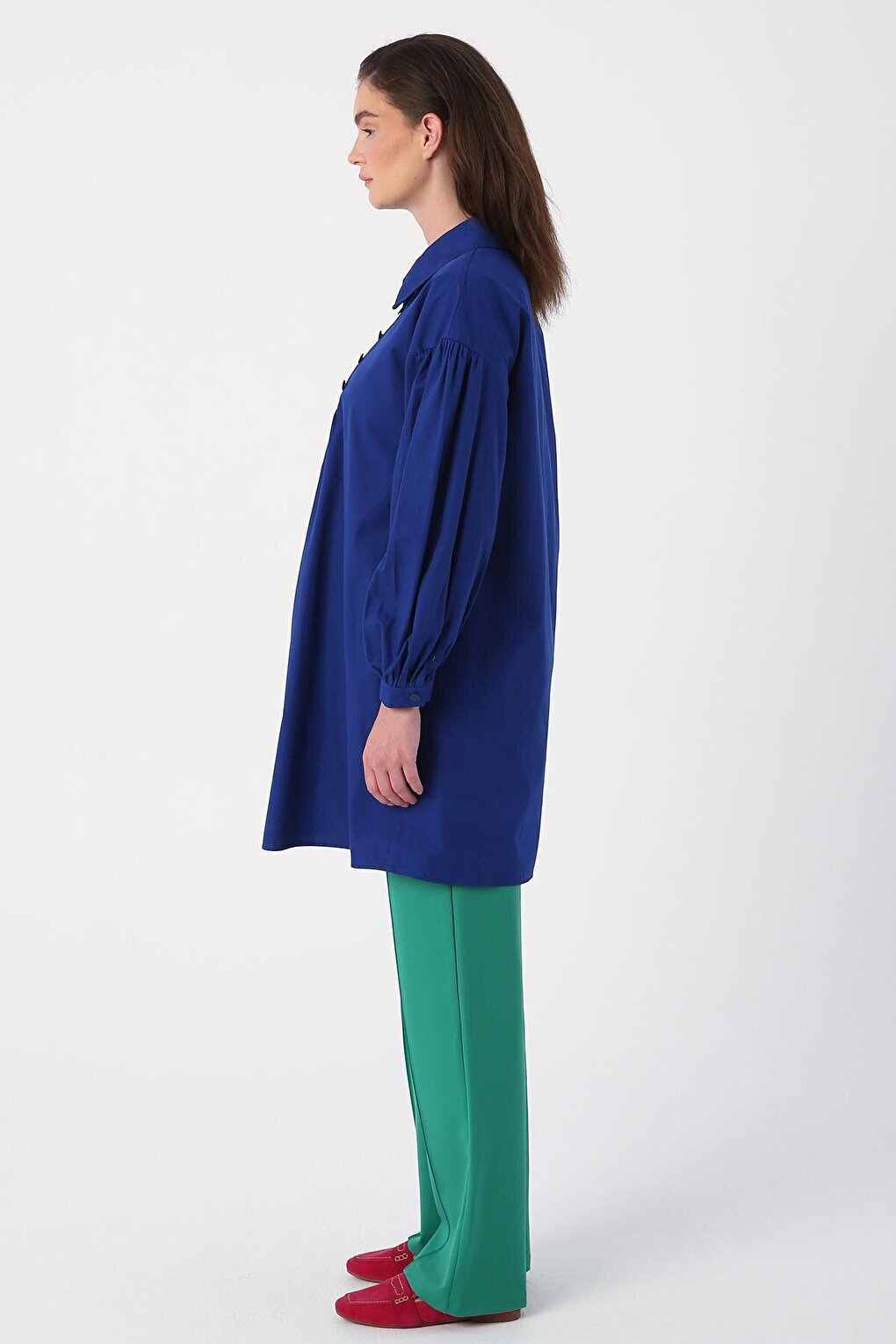 Saks Shirt Collar Oversize Tunic with Gather Detail