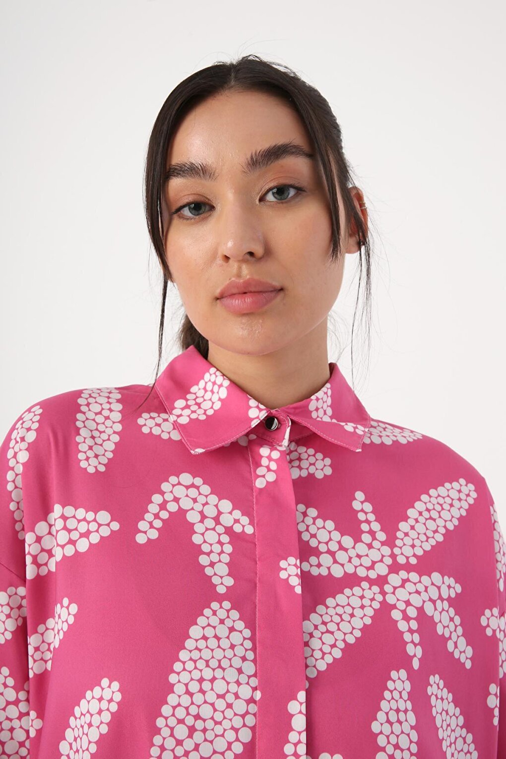 Pink-White 100% Cotton Hidden Placket Oversized Patterned Shirt Tunic