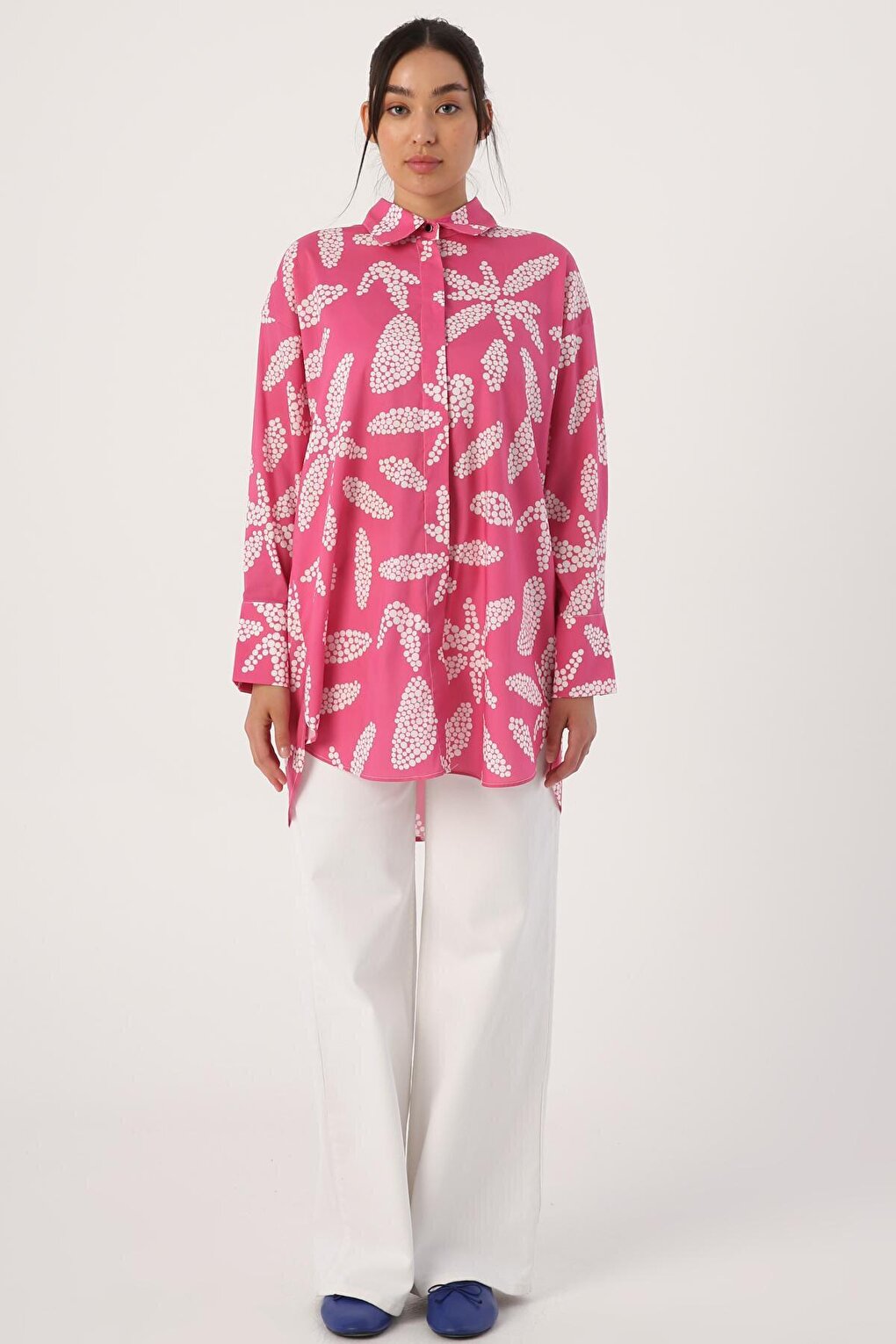 Pink-White 100% Cotton Hidden Placket Oversized Patterned Shirt Tunic