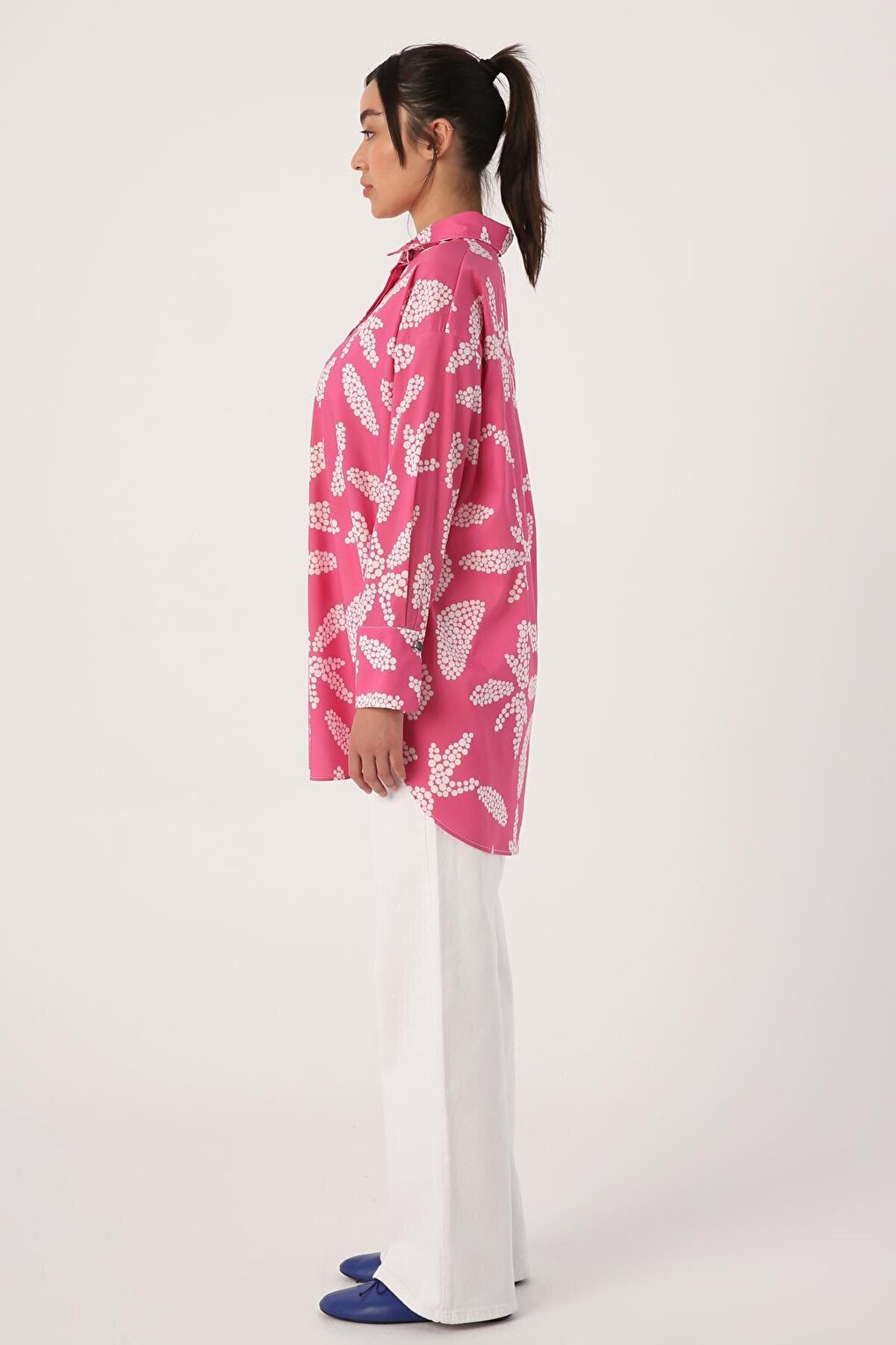 Pink-White 100% Cotton Hidden Placket Oversized Patterned Shirt Tunic